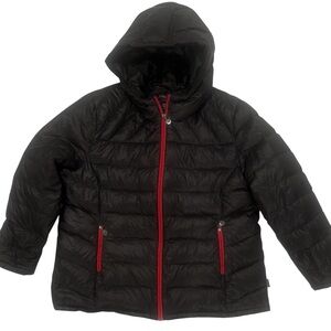 Black Goose Down Puffer Jacket with Red Trim Hooded Men’s XXL Travel Packable